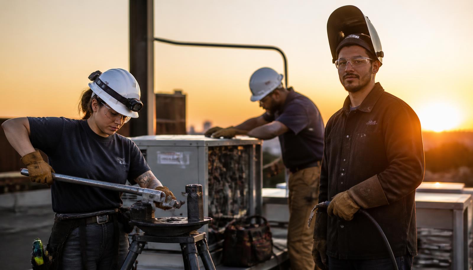 HVAC technician, electrician, and welder working together on a job site at sunset
