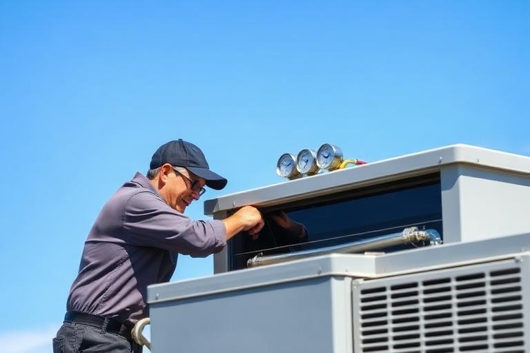 HVAC technician servicing a rooftop condensing unit