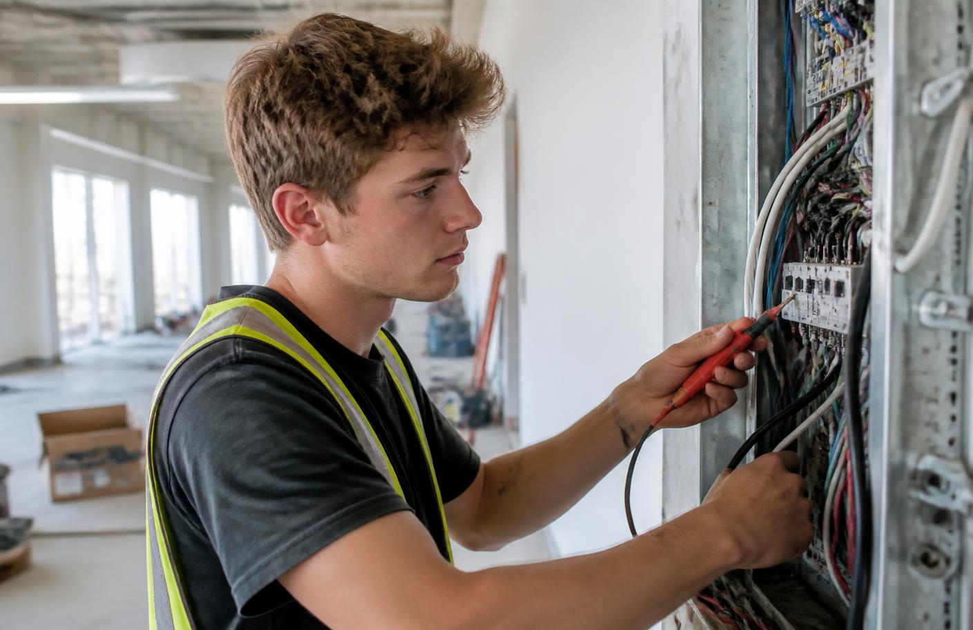 Apprentice electrician testing wiring in an electrical panel on a commercial job site