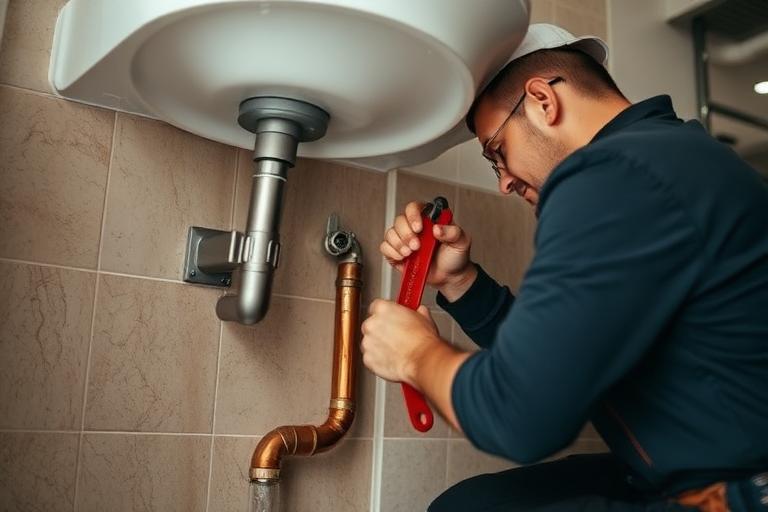 Plumber fitting copper pipe under a sink