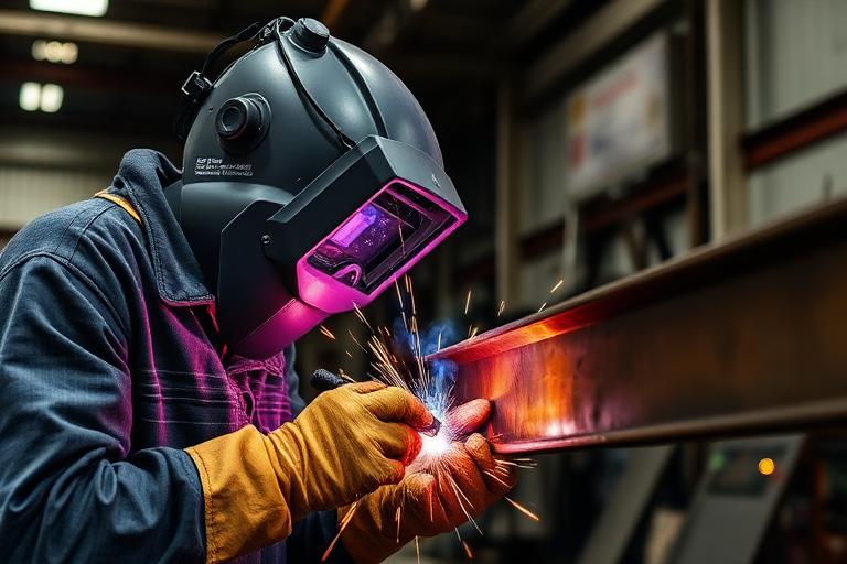 Welder joining a steel beam in a fabrication shop