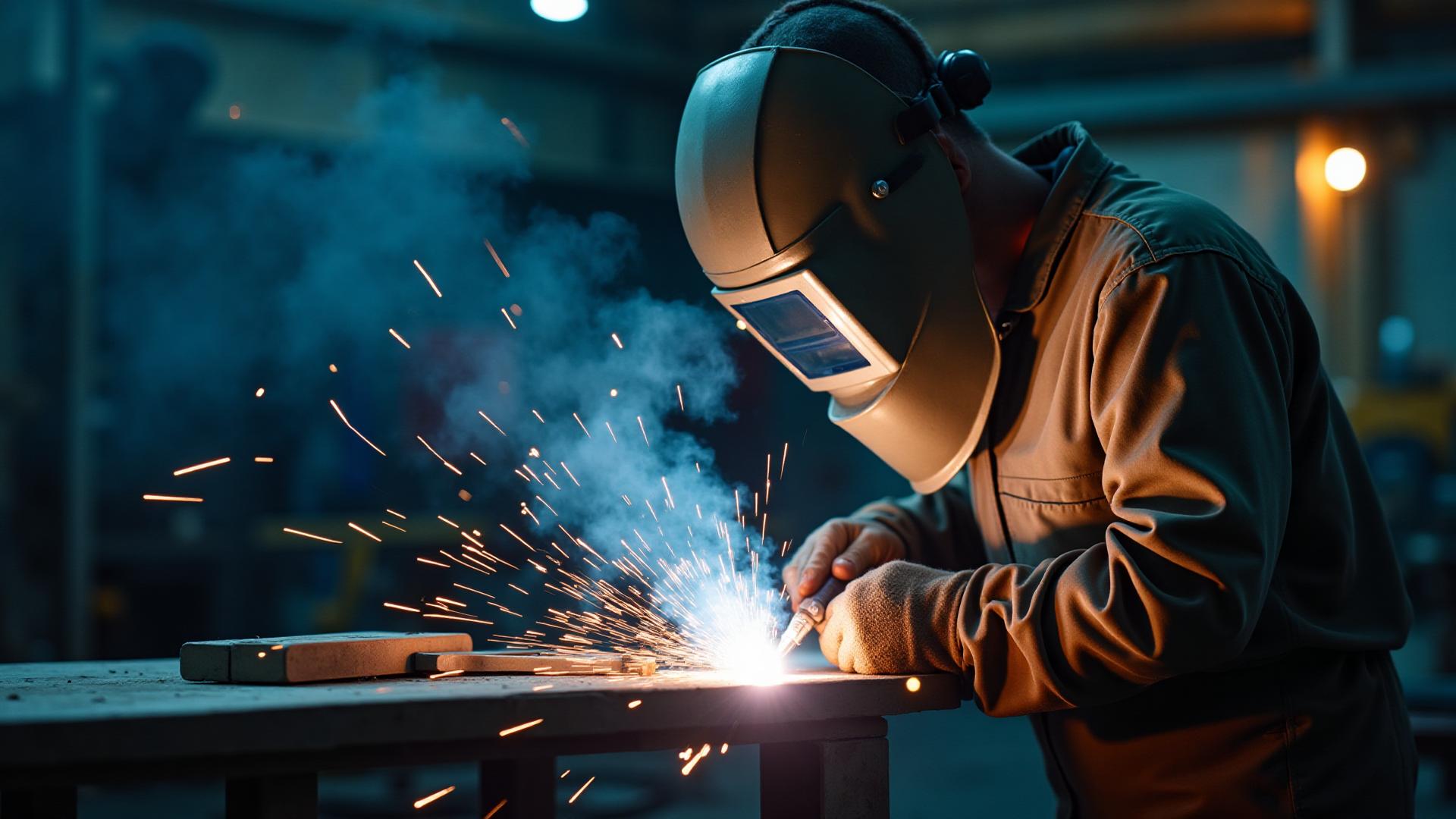A welder running a bead on structural steel in a fabrication shop