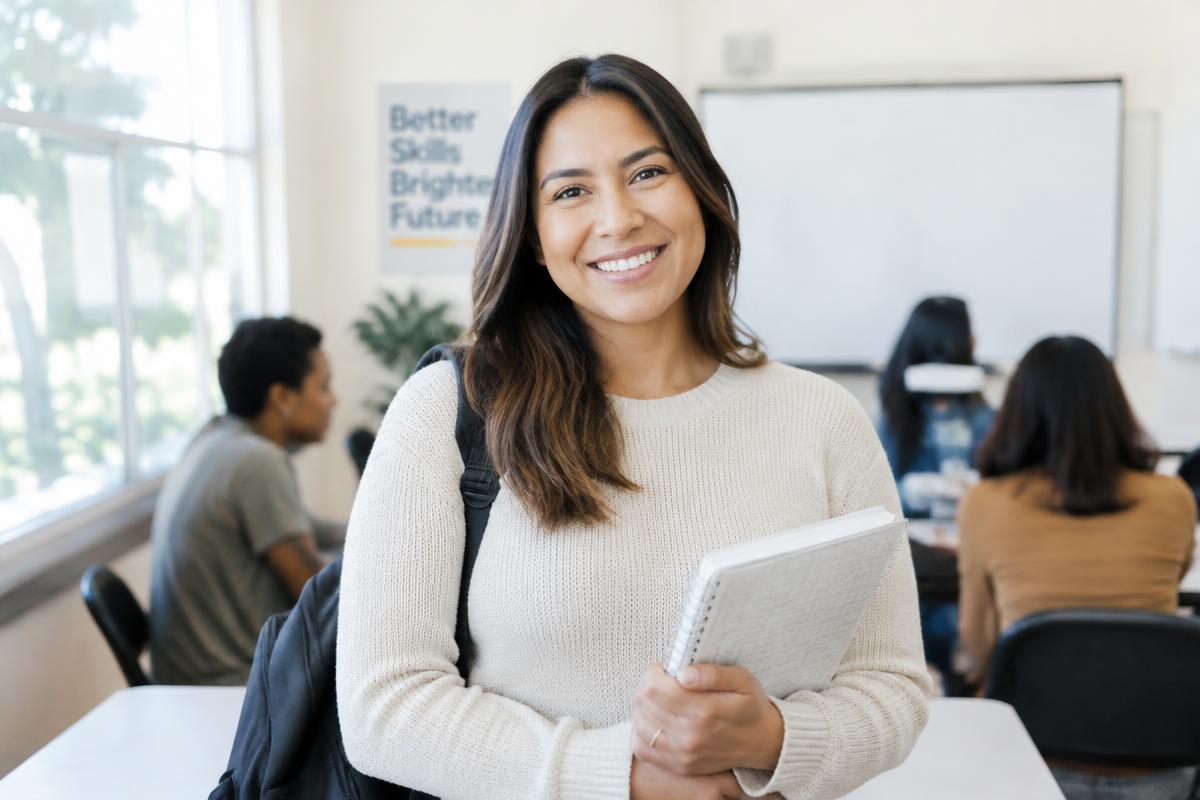 Smiling adult learner holding a notebook in a career-training classroom